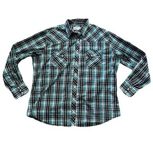 Wrangler Wrancher Western Shirt Mens Size XL Pearl Snaps Plaid Blue Black Cowboy